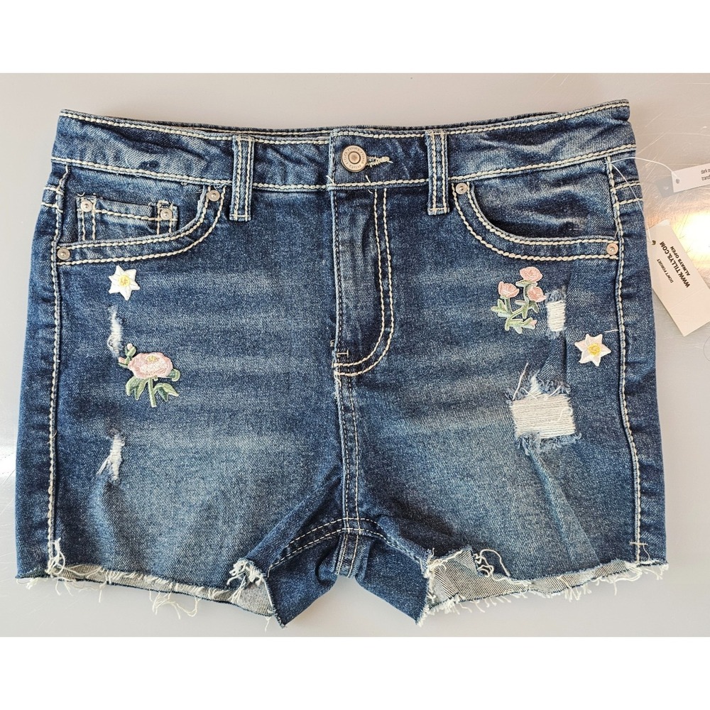 RSQ Girl Denim Shorts Size 14 Distressed Vintage High Rise Flower Fray Tilly jea